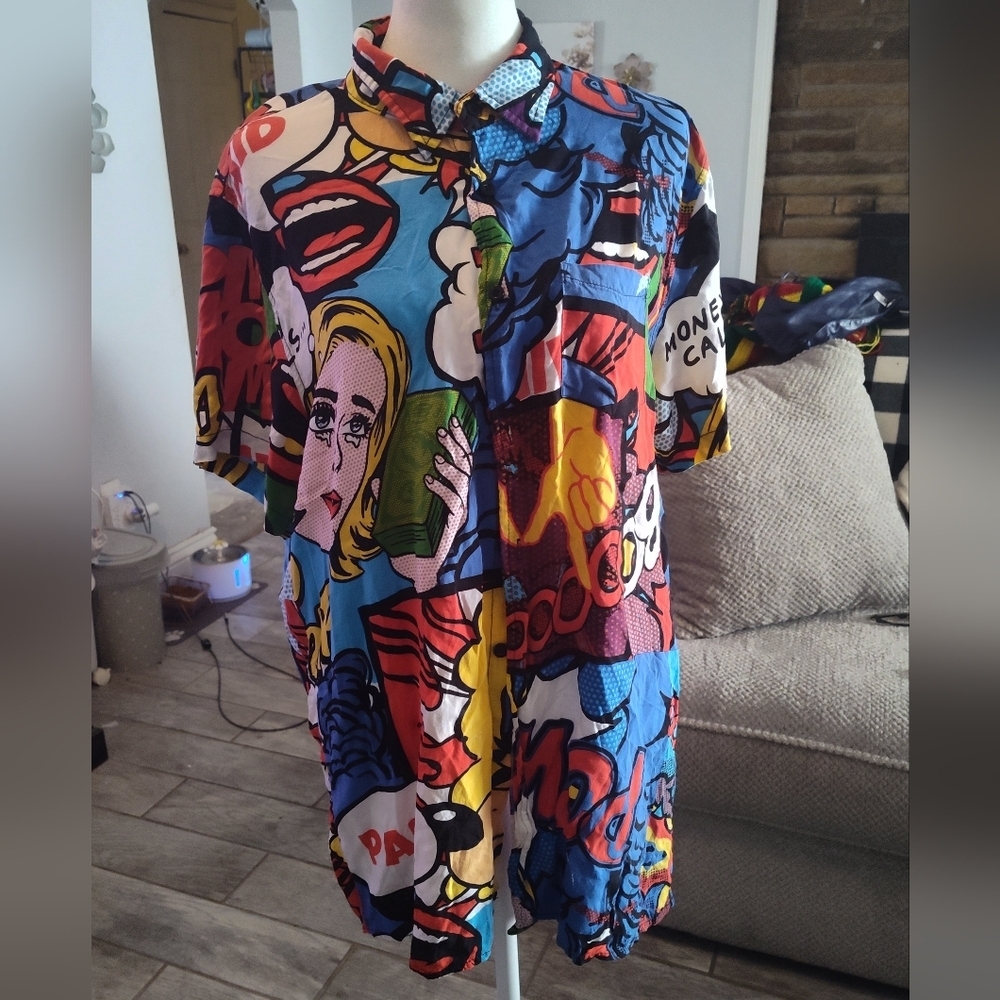 Reason Men's Comic Art Button Down Shirt - Red, Blue, Yellow #8A